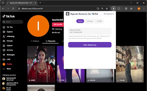 Reposts Remover for TikTok डाउनलोड करें – सभी Reposts एक क्लिक में हटाएं - Screenshot 1
