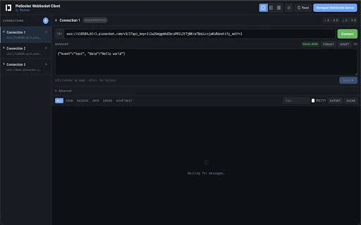 PieSocket WebSocket टेस्ट क्लाइंट डाउनलोड करें – लाइव डीबगिंग टूल - Screenshot 1