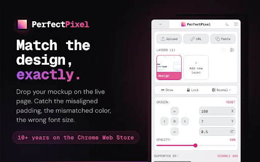 PerfectPixel Chrome Extension डाउनलोड करें – पिक्सेल-परफेक्ट वेब डिज़ाइन - Screenshot 1